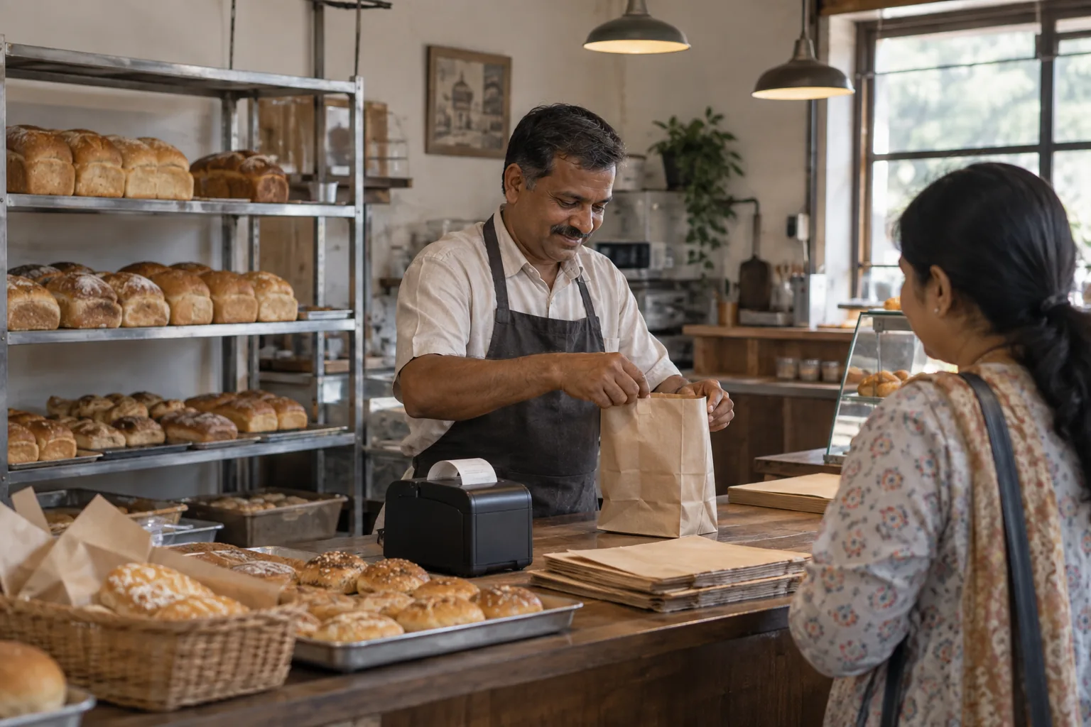 A bakery owner packing an order beside a thermal receipt printer