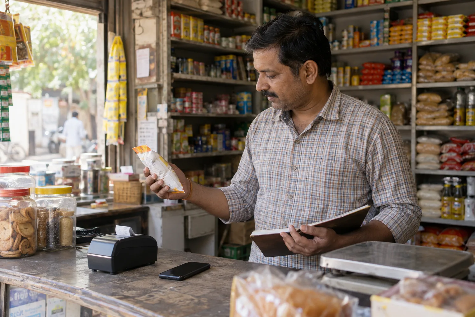 A shop owner checking stock beside a compact receipt printer