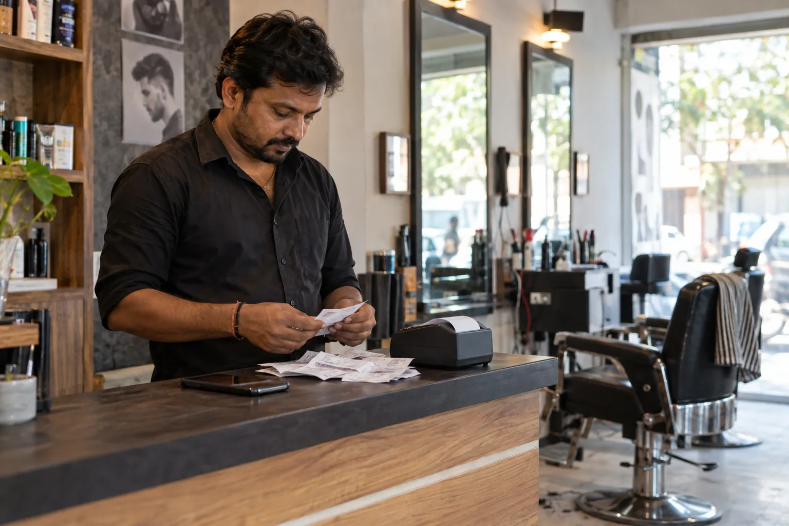 A salon owner reviewing receipts at the counter