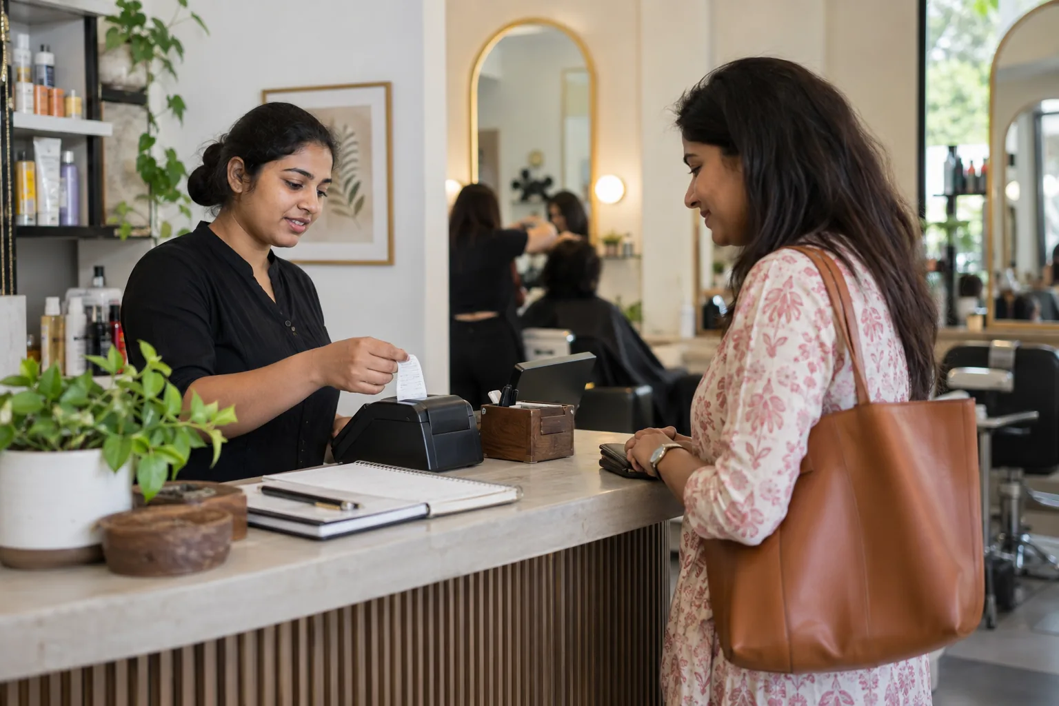 A salon receptionist handing a printed receipt to a customer