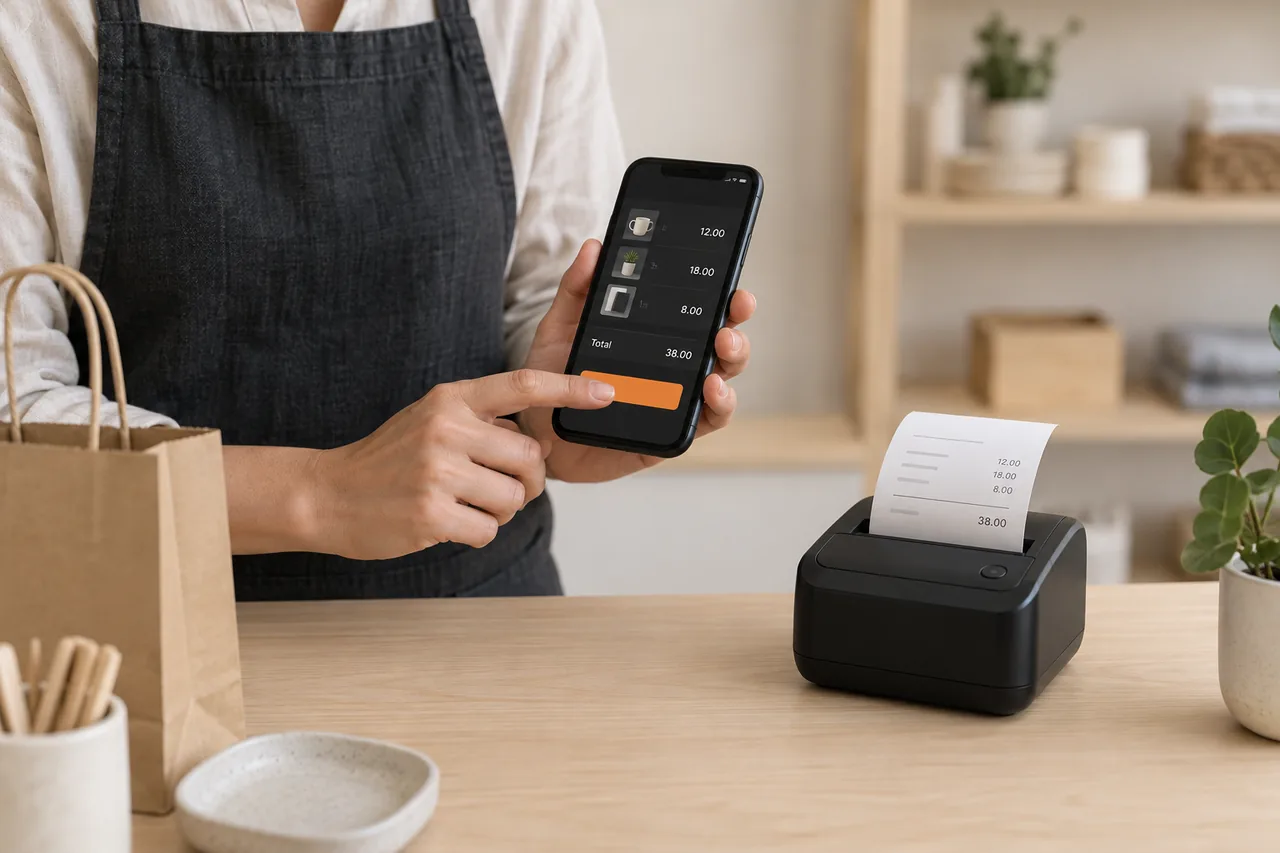 Business owner creating a bill on a phone beside a thermal receipt printer